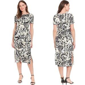 London Times Women's Tropical Leaf Print Side Tie Midi Dress Black Cream 6 NWT